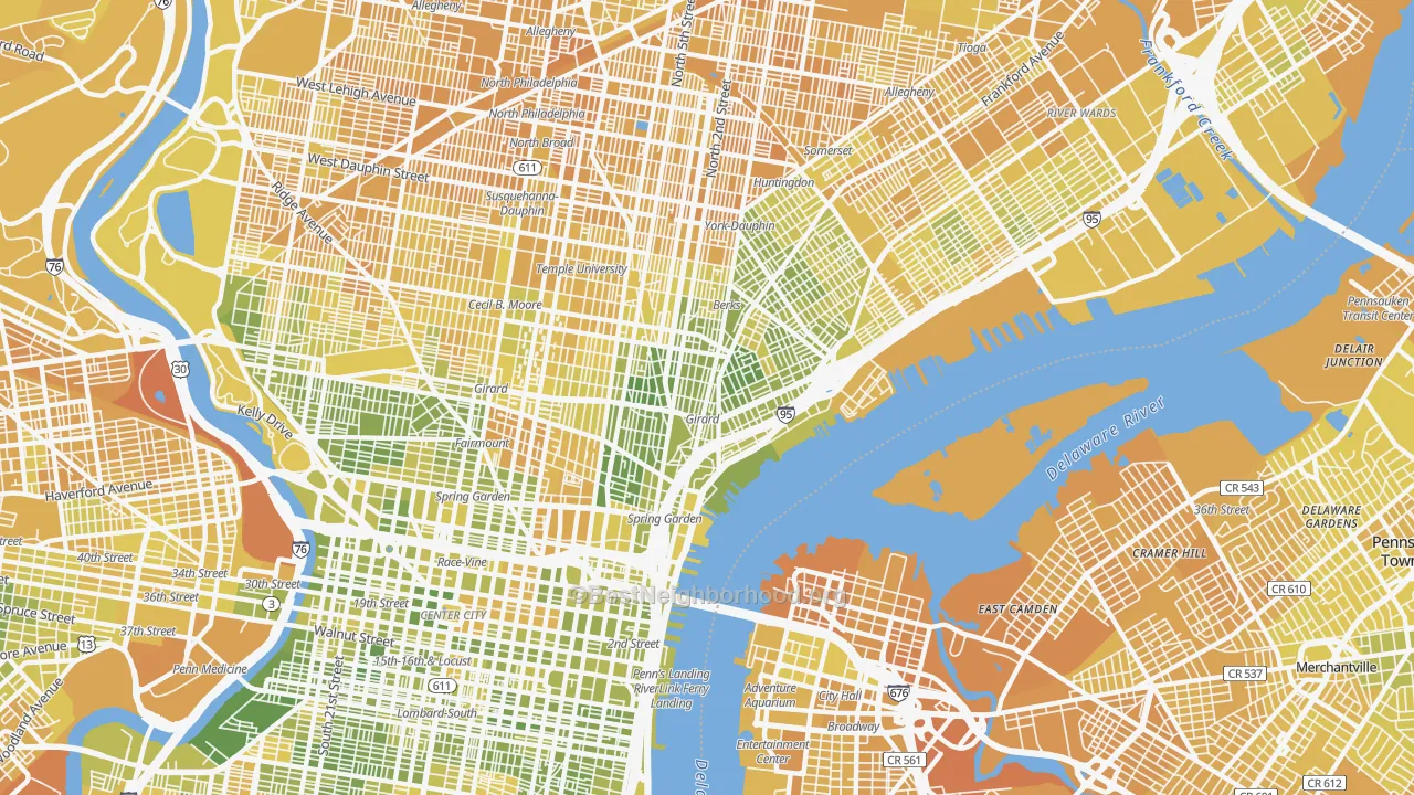 Map of the best neighborhoods in the Fishtown, Philadelphia area, with better matches in green and worse matches in red
