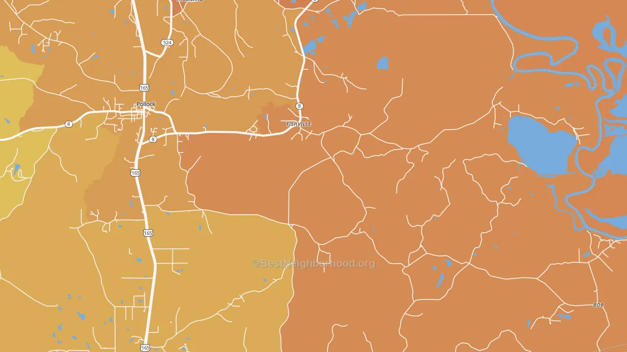 Map of the best neighborhoods in the Fishville area, with better matches in green and worse matches in red