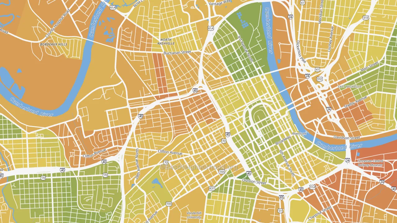 Map of the best neighborhoods in the Fisk-Meharry, Nashville area, with better matches in green and worse matches in red