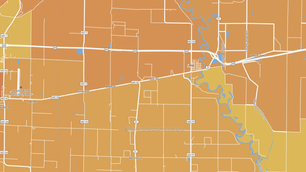 Map of the best neighborhoods in the Fisk area, with better matches in green and worse matches in red