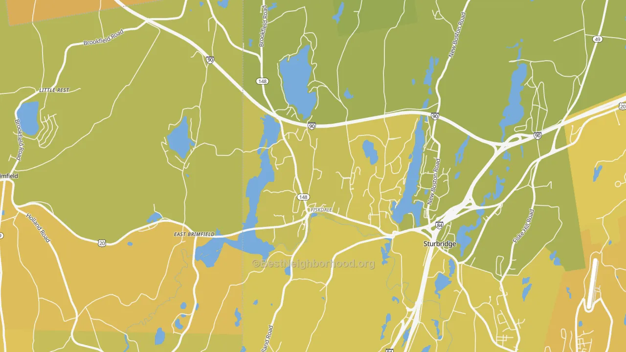 Map of the best neighborhoods in the Fiskdale area, with better matches in green and worse matches in red