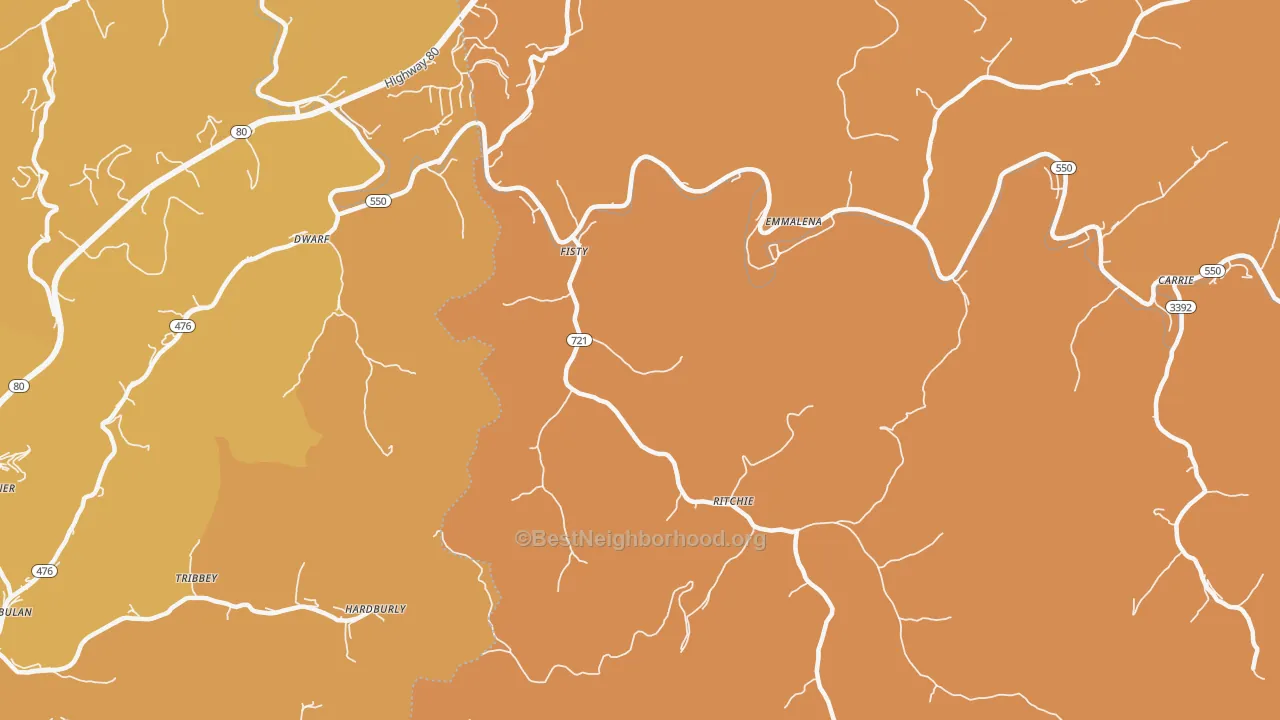 Map of the best neighborhoods in the Fisty area, with better matches in green and worse matches in red