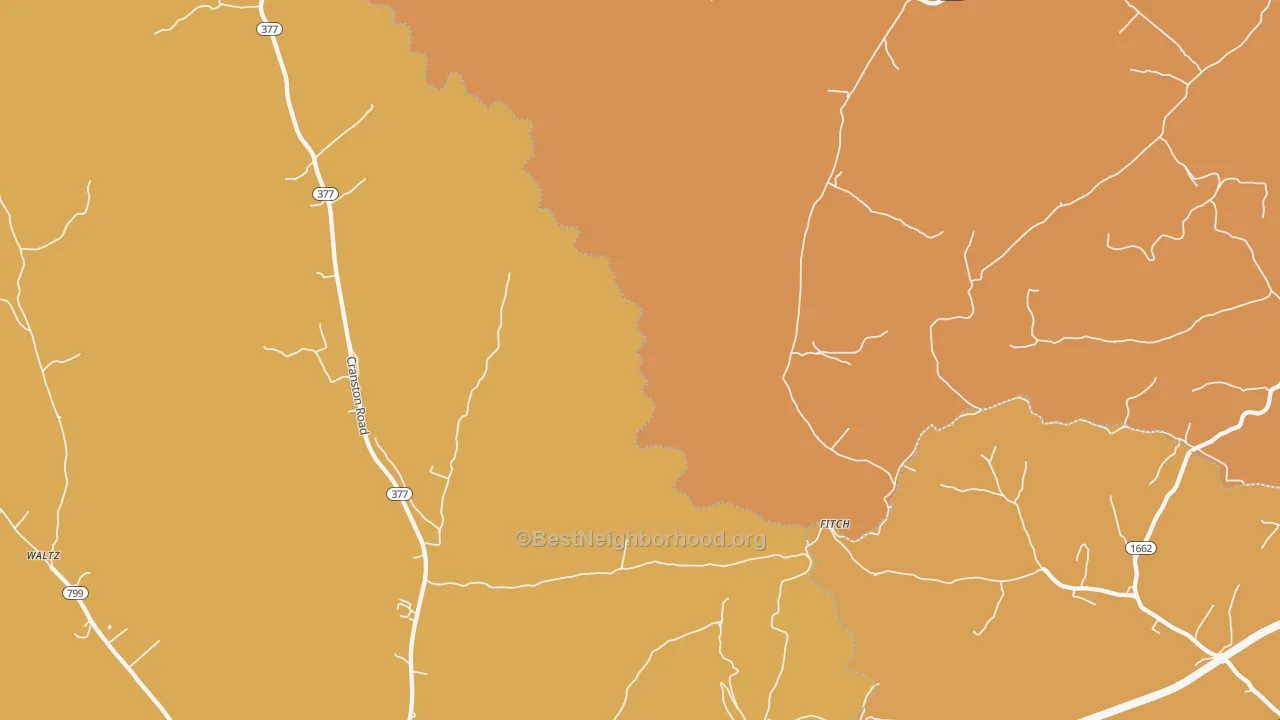 Map of the best neighborhoods in the Fitch area, with better matches in green and worse matches in red