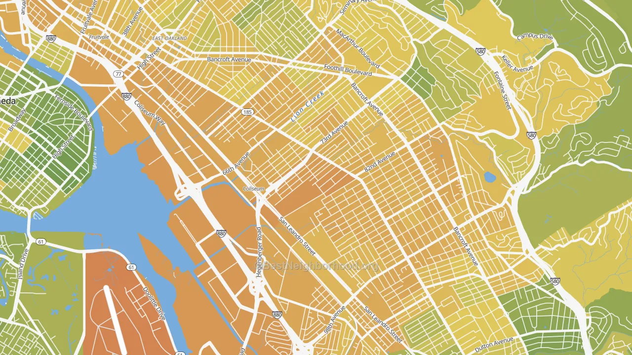 Map of the best neighborhoods in the Fitchburg, Oakland area, with better matches in green and worse matches in red