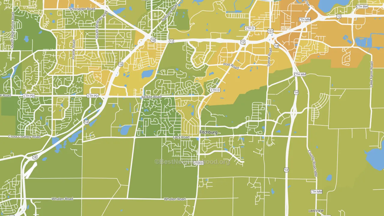 Map of the best neighborhoods in the Fitchburg area, with better matches in green and worse matches in red