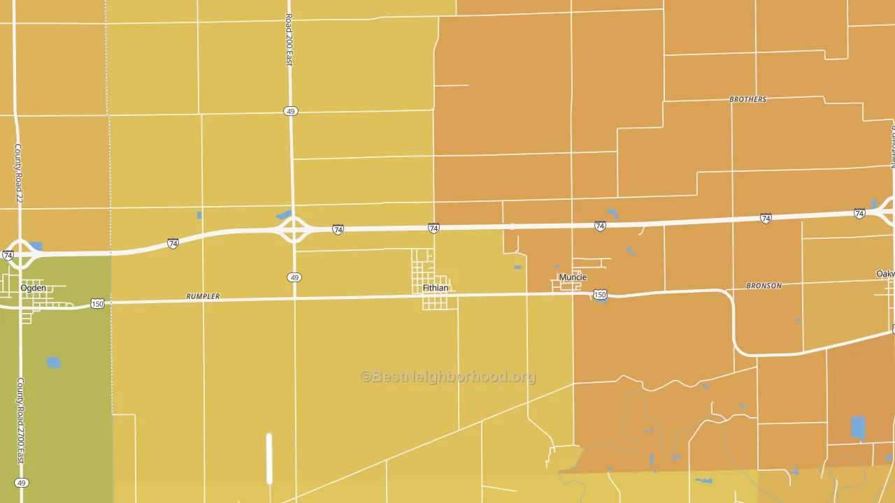 Map of the best neighborhoods in the Fithian area, with better matches in green and worse matches in red