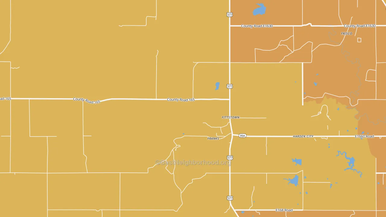 Map of the best neighborhoods in the Fittstown area, with better matches in green and worse matches in red