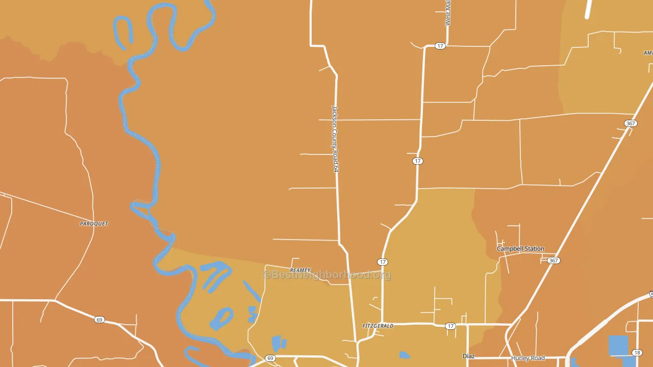 Map of the best neighborhoods in the Fitzgerald area, with better matches in green and worse matches in red