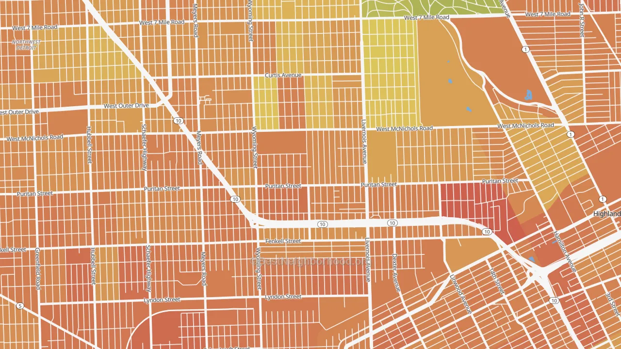 Map of the best neighborhoods in the Fitzgerald, Detroit area, with better matches in green and worse matches in red