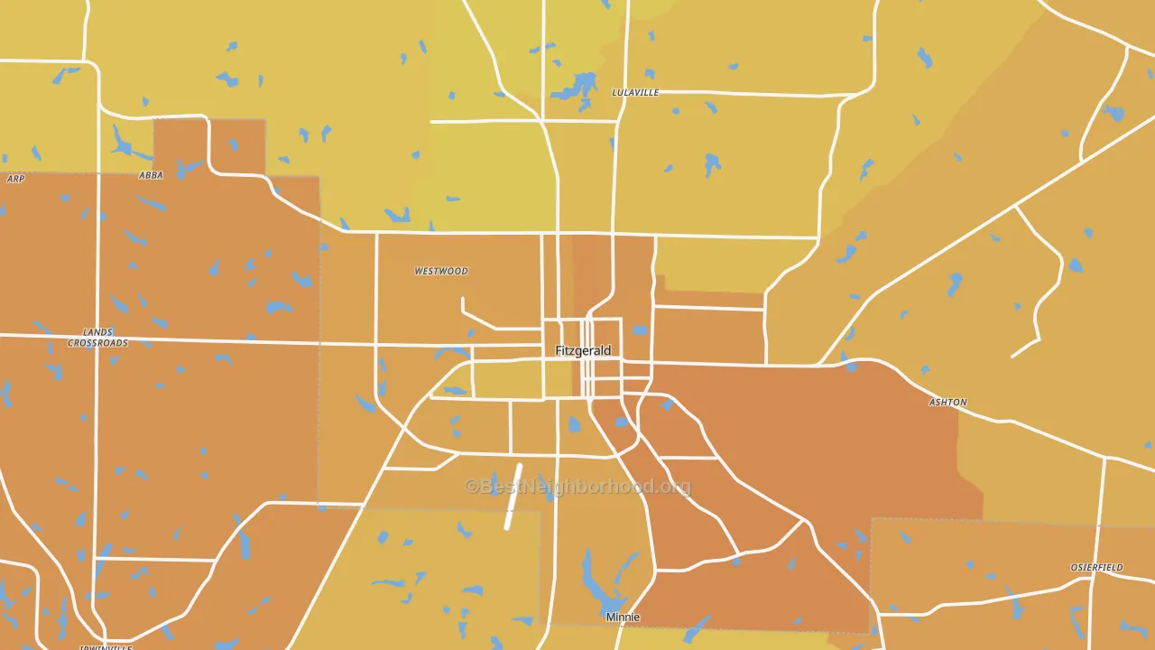 Map of the best neighborhoods in the Fitzgerald area, with better matches in green and worse matches in red
