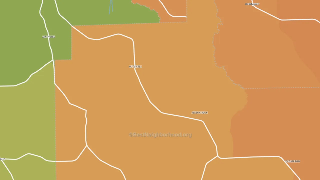 Map of the best neighborhoods in the Fitzpatrick area, with better matches in green and worse matches in red