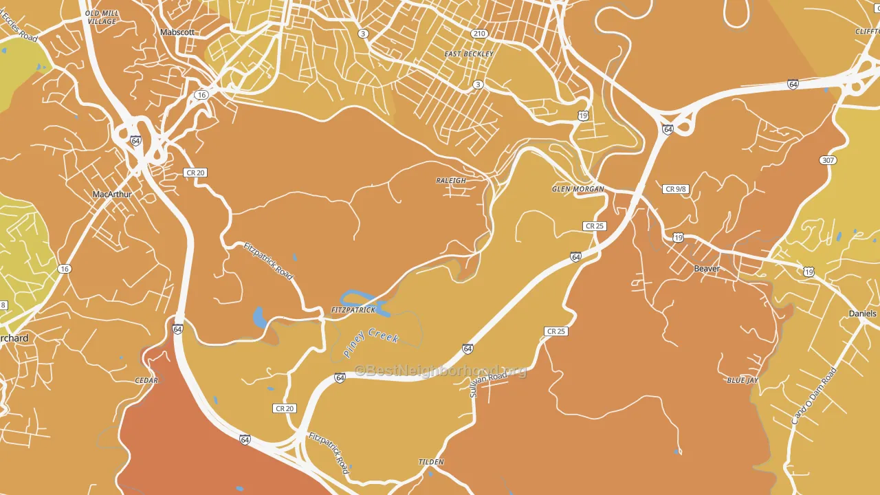 Map of the best neighborhoods in the Fitzpatrick area, with better matches in green and worse matches in red