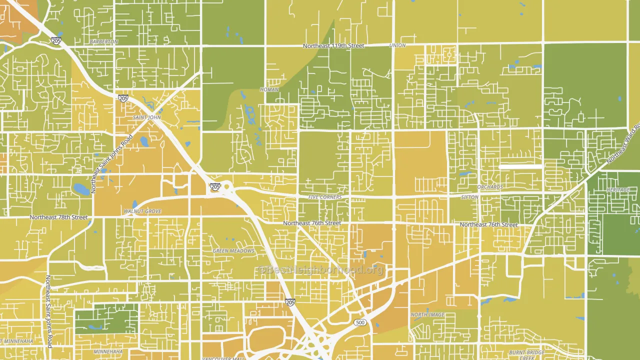 Map of the best neighborhoods in the Five Corners area, with better matches in green and worse matches in red