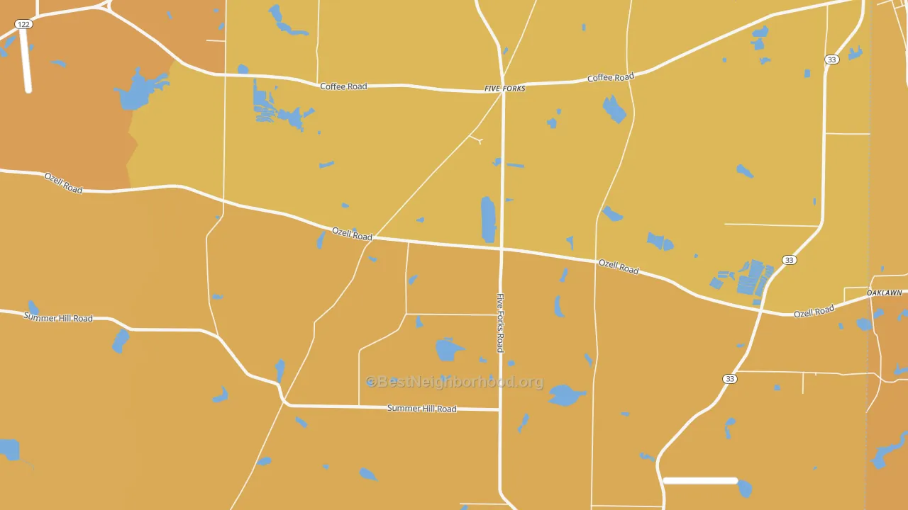 Map of the best neighborhoods in the Five Forks area, with better matches in green and worse matches in red