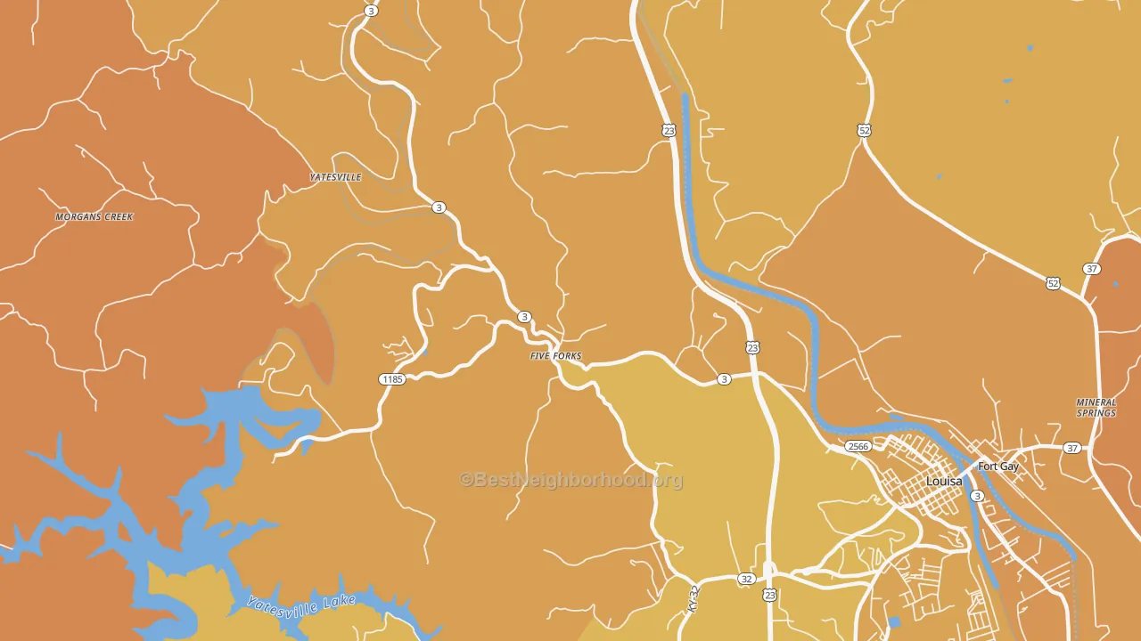 Map of the best neighborhoods in the Five Forks area, with better matches in green and worse matches in red
