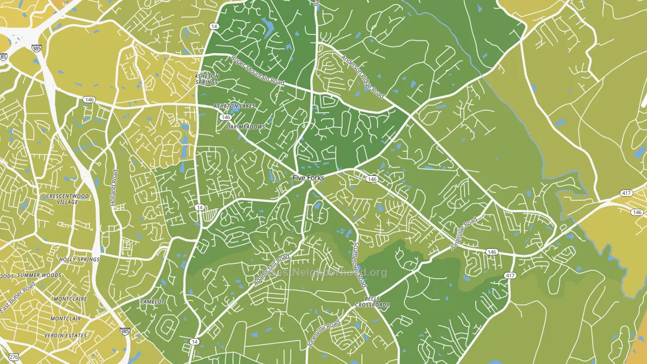 Map of the best neighborhoods in the Five Forks area, with better matches in green and worse matches in red