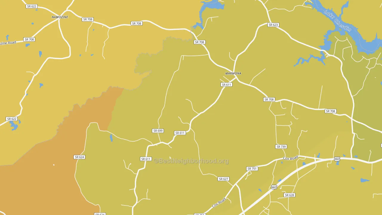 Map of the best neighborhoods in the Five Forks area, with better matches in green and worse matches in red