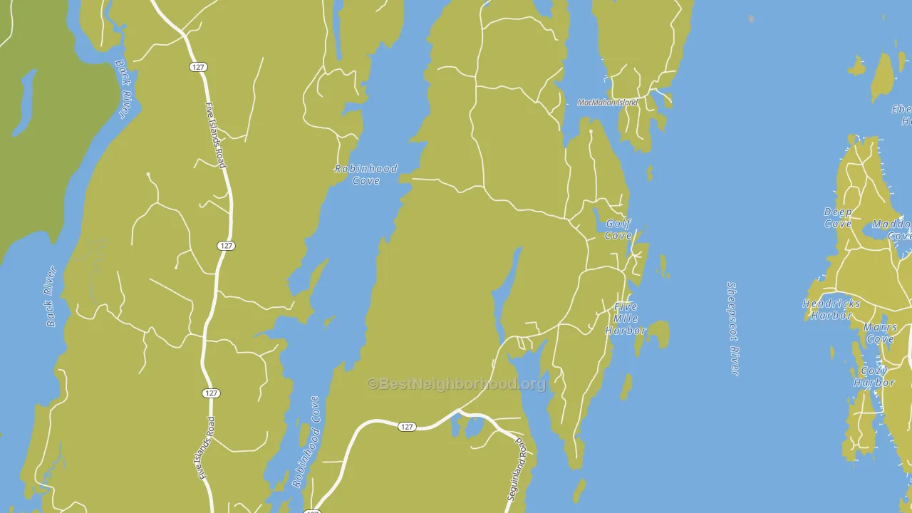 Map of the best neighborhoods in the Five Islands area, with better matches in green and worse matches in red