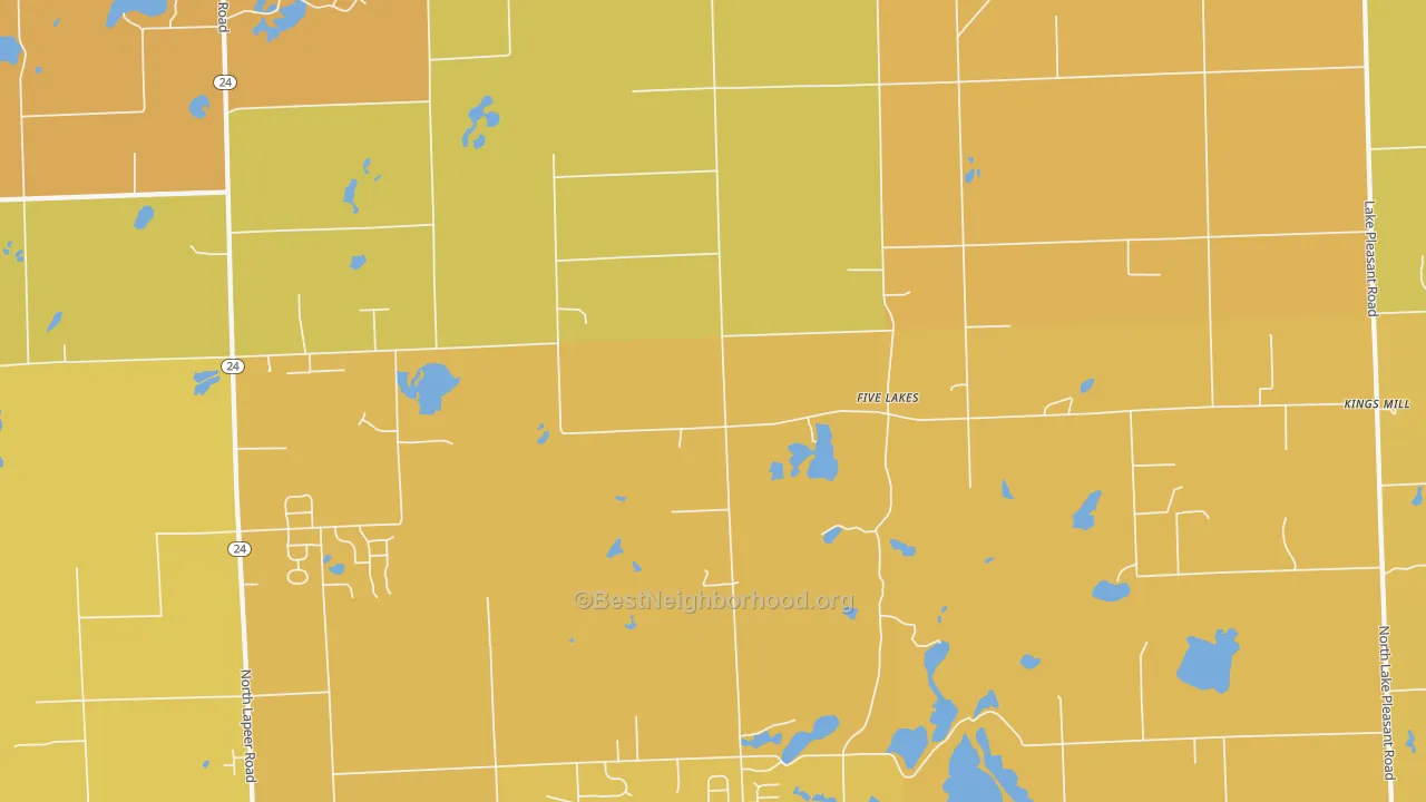 Map of the best neighborhoods in the Five Lakes area, with better matches in green and worse matches in red