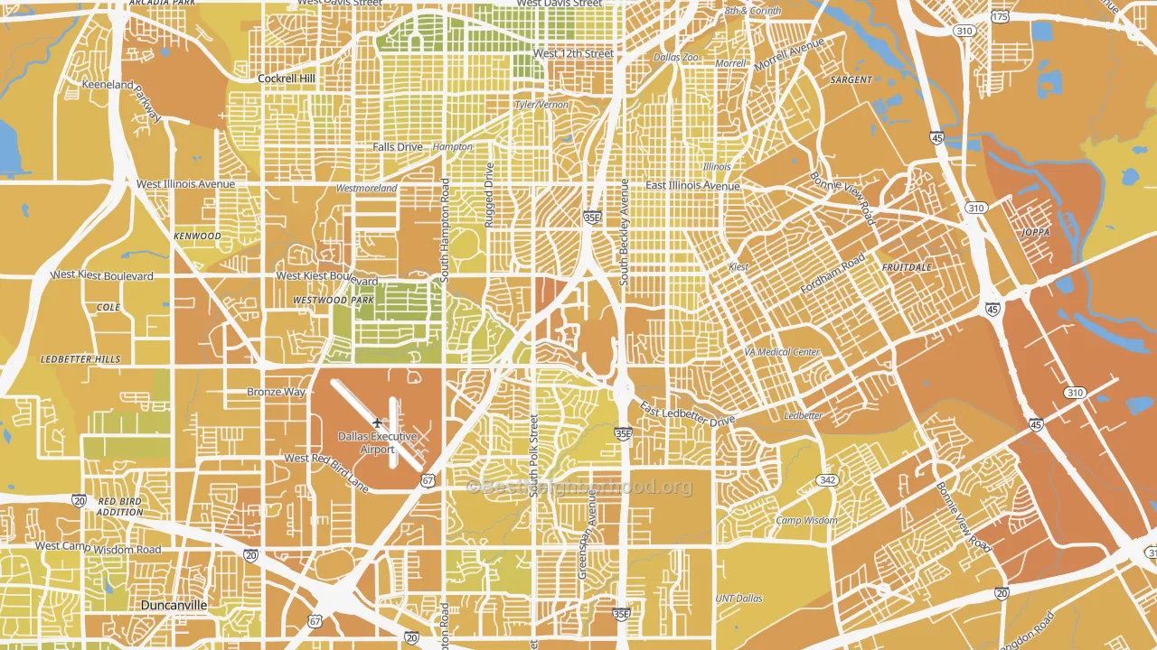 Map of the best neighborhoods in the Five Mile Creek, Dallas area, with better matches in green and worse matches in red