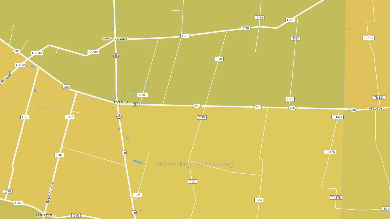 Map of the best neighborhoods in the Five Mile area, with better matches in green and worse matches in red