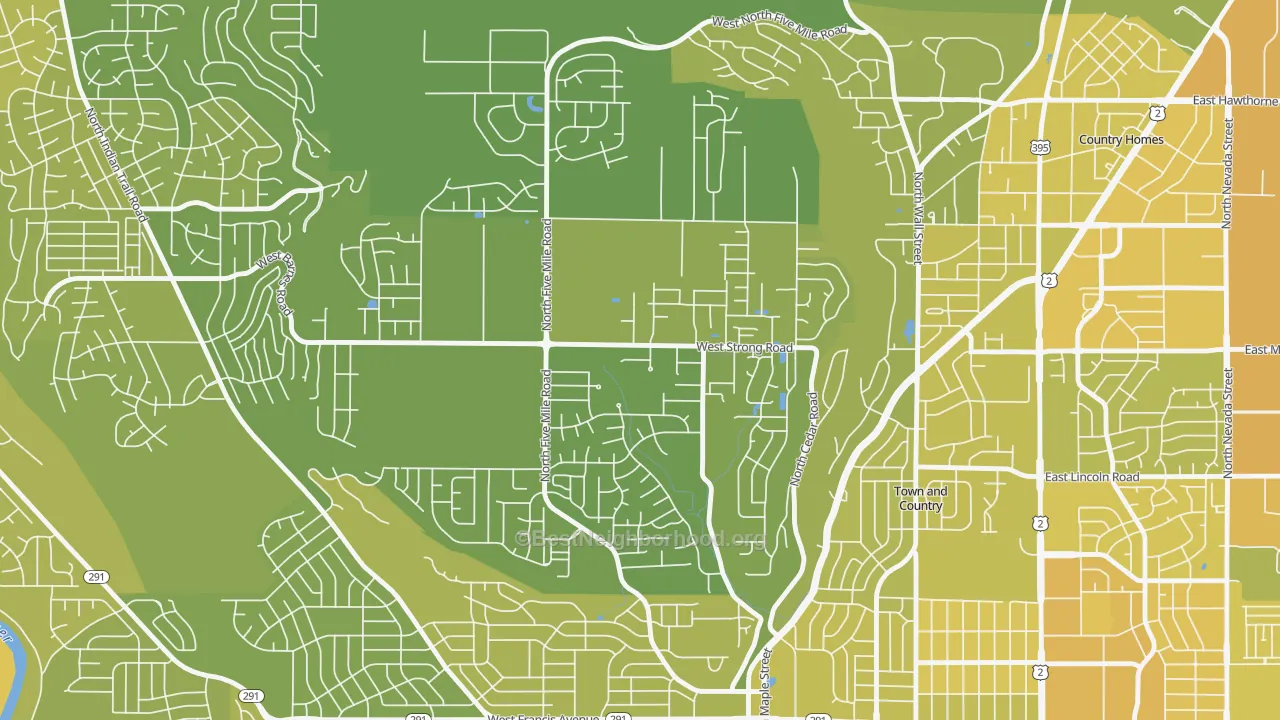 Map of the best neighborhoods in the Five Mile Prairie, Spokane area, with better matches in green and worse matches in red