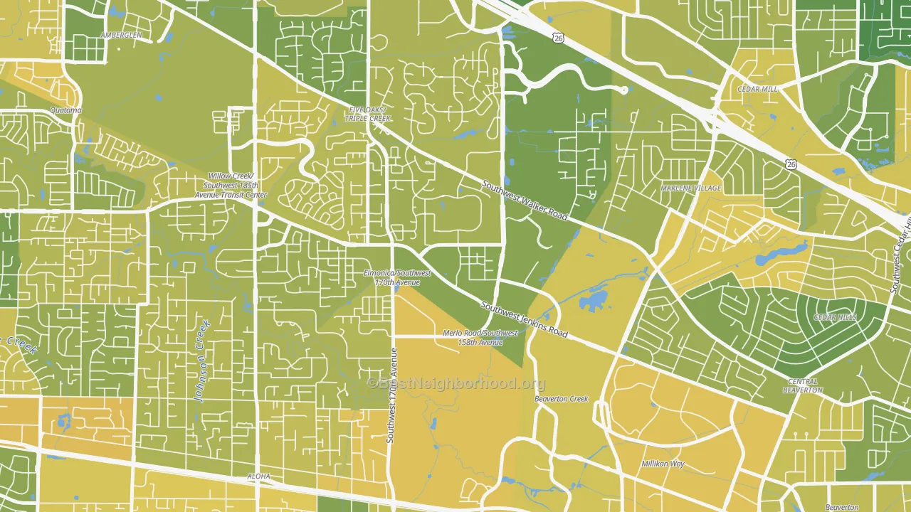 Map of the best neighborhoods in the Five Oaks, Beaverton area, with better matches in green and worse matches in red