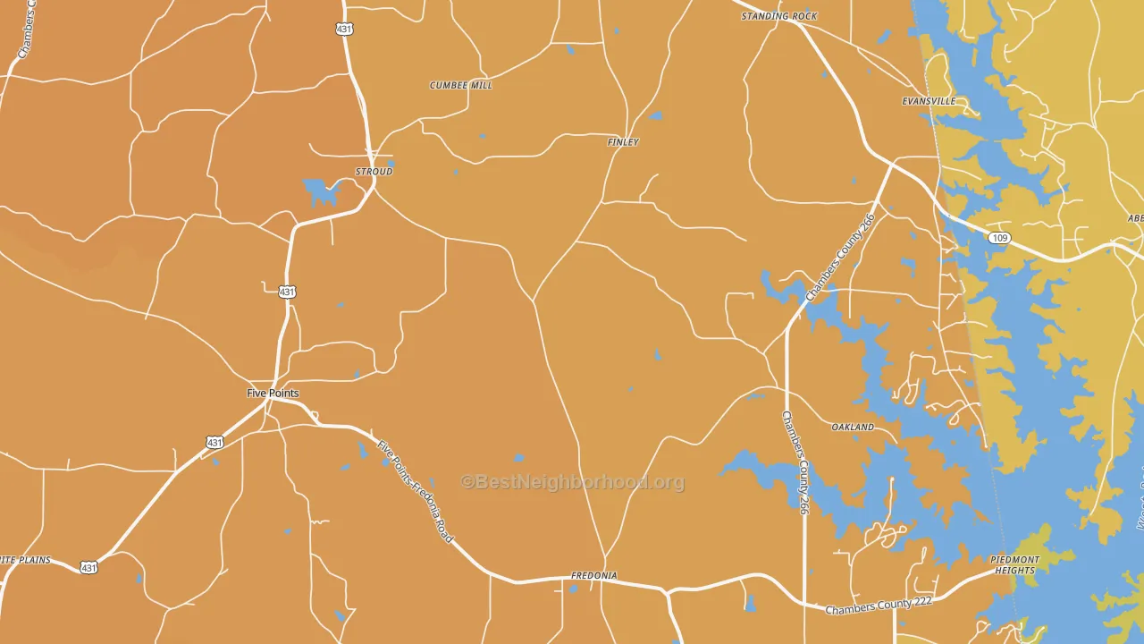 Map of the best neighborhoods in the Five Points area, with better matches in green and worse matches in red