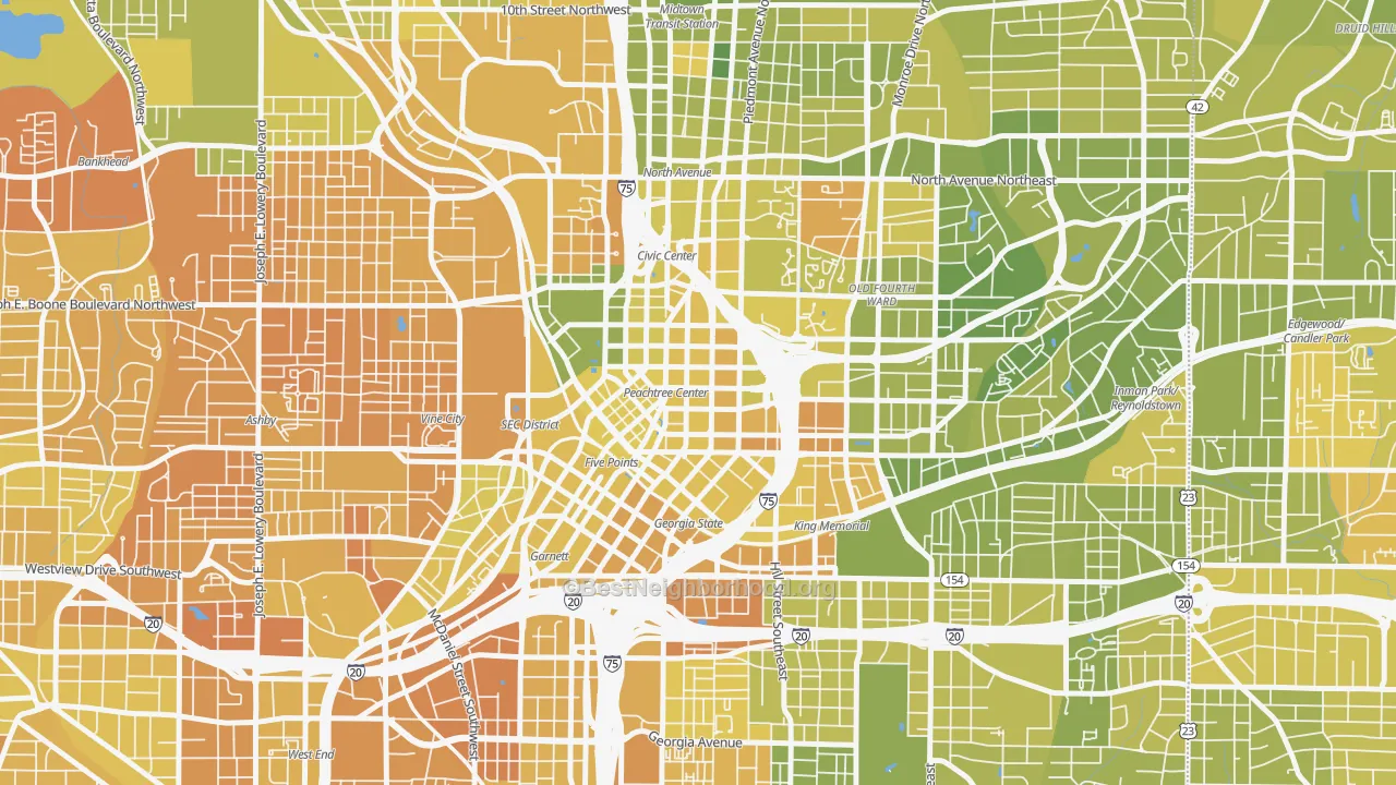 Map of the best neighborhoods in the Five Points, Atlanta area, with better matches in green and worse matches in red