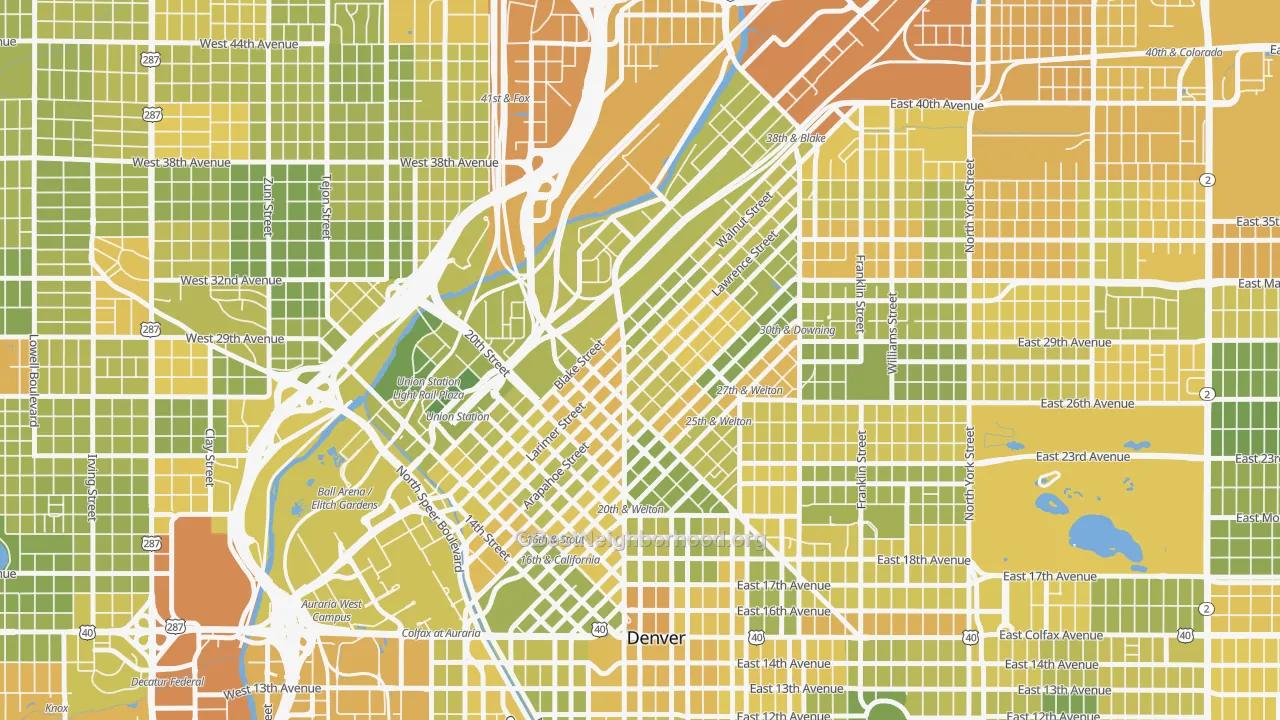 Map of the best neighborhoods in the Five Points, Denver area, with better matches in green and worse matches in red