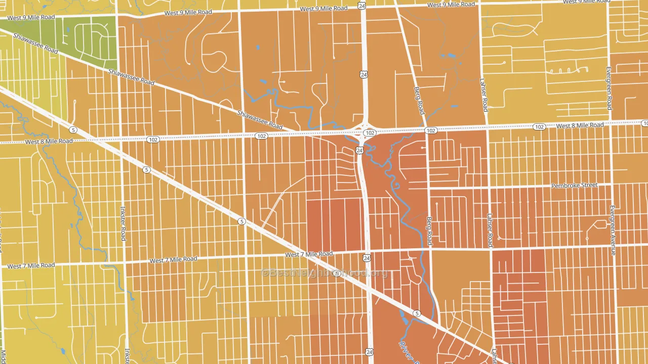 Map of the best neighborhoods in the Five Points, Detroit area, with better matches in green and worse matches in red