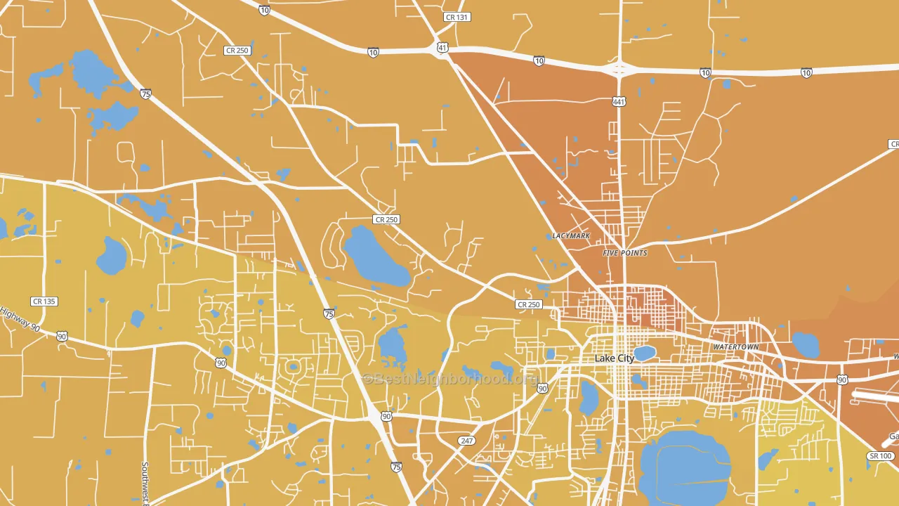 Map of the best neighborhoods in the Five Points area, with better matches in green and worse matches in red