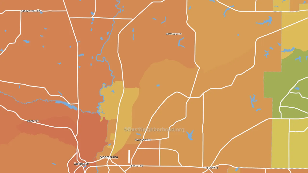 Map of the best neighborhoods in the Five Points area, with better matches in green and worse matches in red