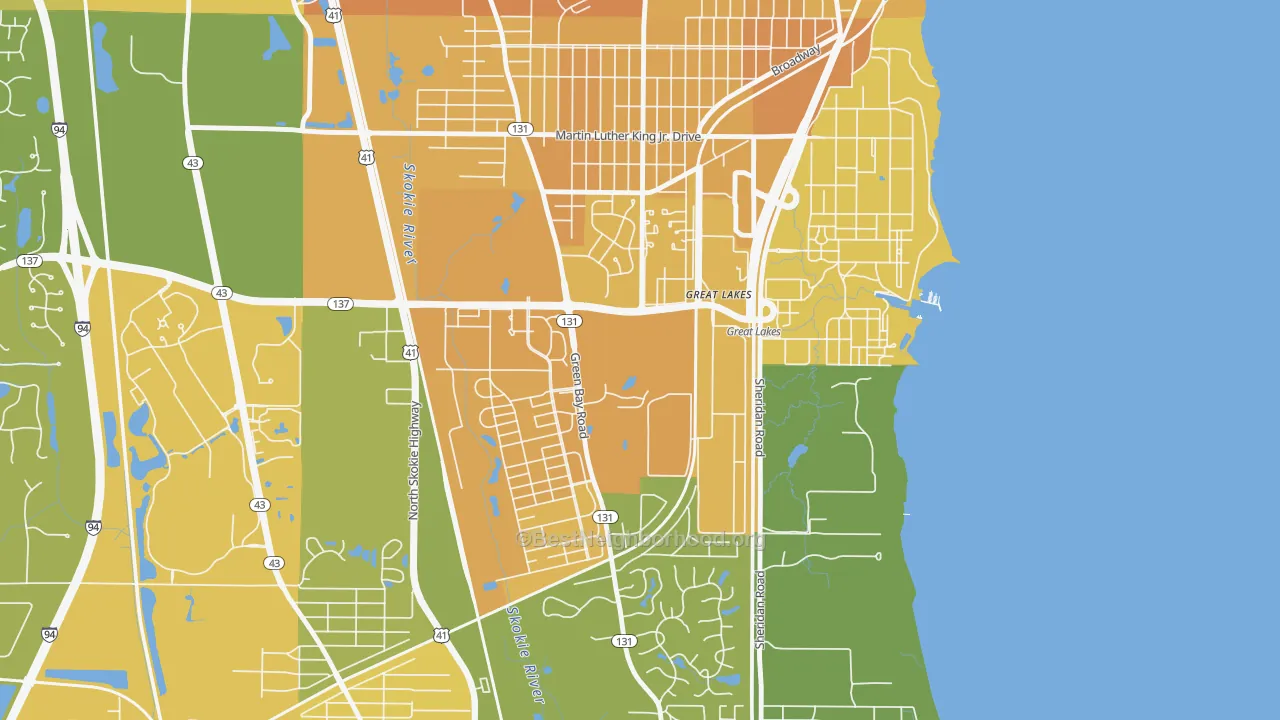 Map of the best neighborhoods in the Five Points, Great Lakes area, with better matches in green and worse matches in red