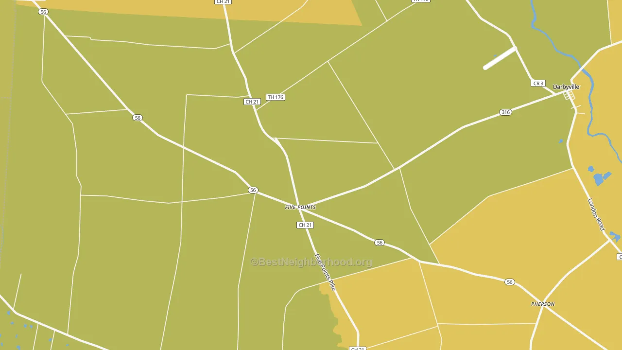 Map of the best neighborhoods in the Five Points area, with better matches in green and worse matches in red
