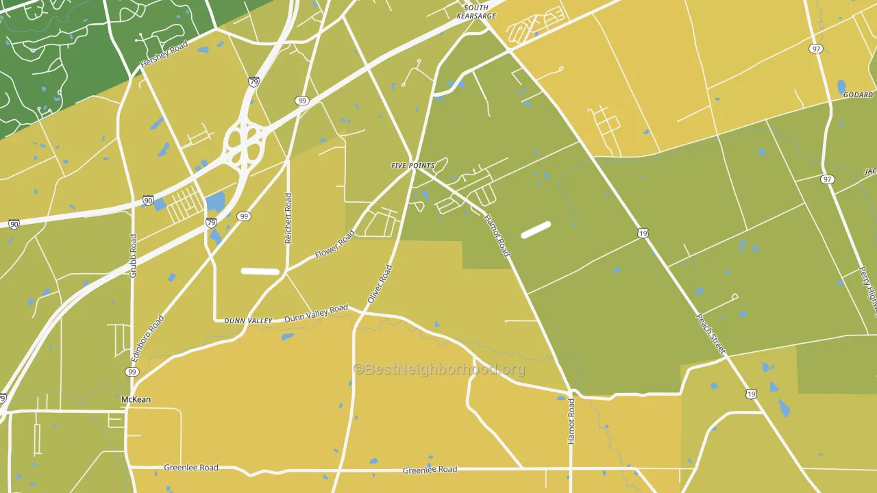 Map of the best neighborhoods in the Five Points area, with better matches in green and worse matches in red