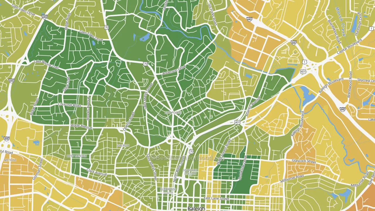 Map of the best neighborhoods in the Five Points, Raleigh area, with better matches in green and worse matches in red