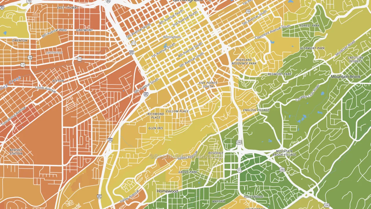 Map of the best neighborhoods in the Five Points South, Birmingham area, with better matches in green and worse matches in red