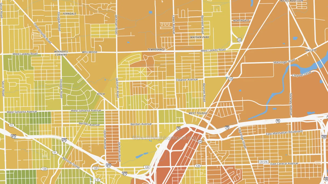 Map of the best neighborhoods in the Five Points, Toledo area, with better matches in green and worse matches in red