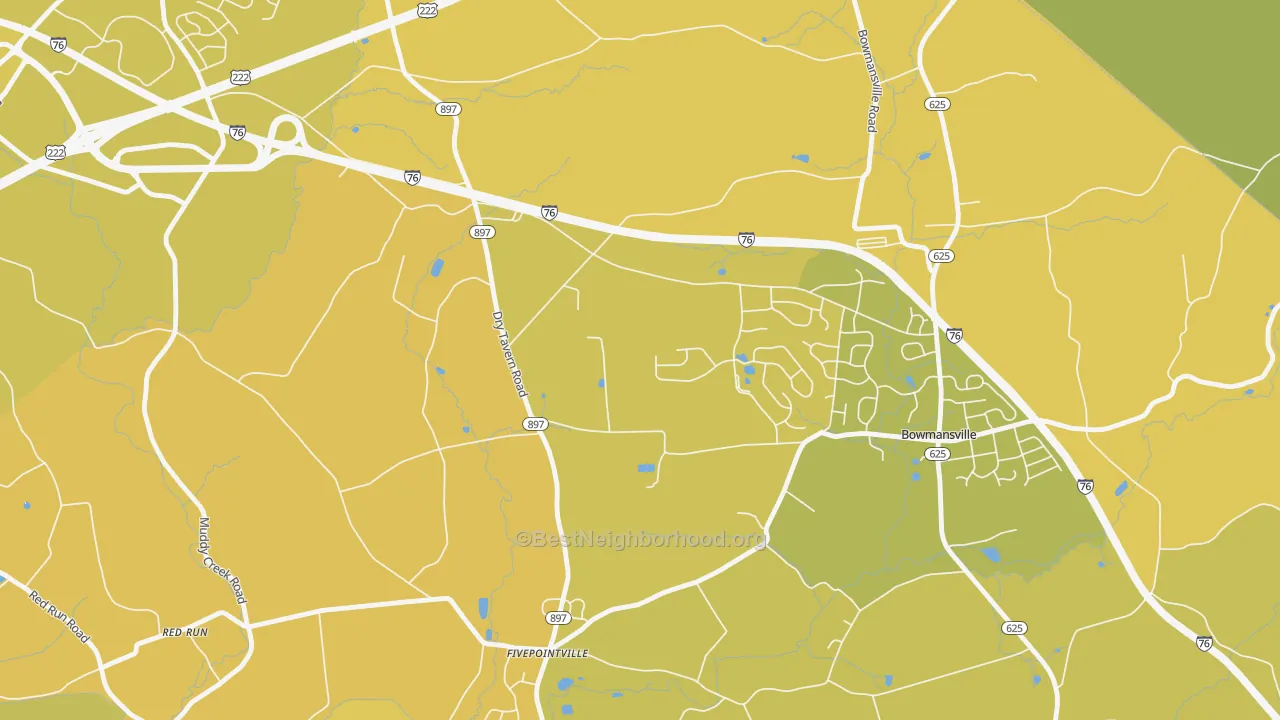 Map of the best neighborhoods in the Fivepointville area, with better matches in green and worse matches in red