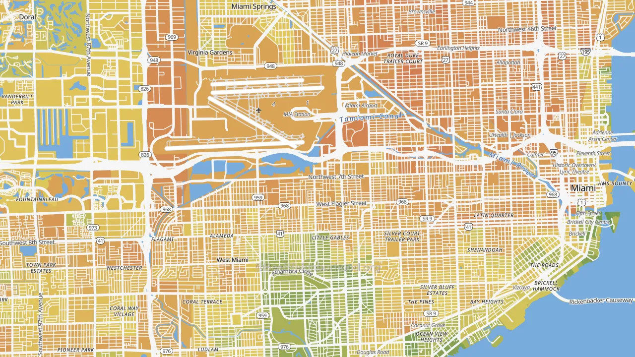 Map of the best neighborhoods in the Flagami, Miami area, with better matches in green and worse matches in red