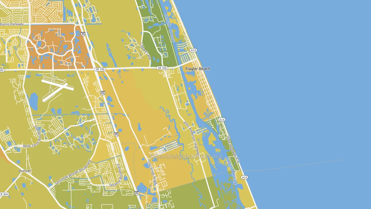 Map of the best neighborhoods in the Flagler Beach area, with better matches in green and worse matches in red