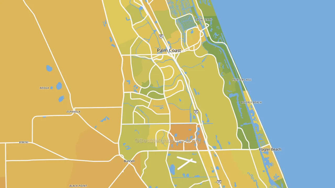 Map of the best neighborhoods in the Flagler County area, with better matches in green and worse matches in red