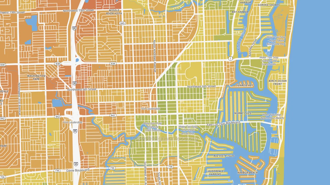 Map of the best neighborhoods in the Flagler Heights, Fort Lauderdale area, with better matches in green and worse matches in red