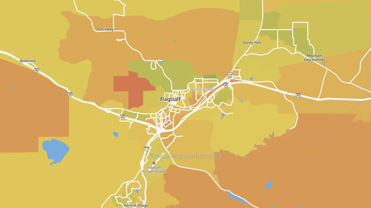 Map of the best neighborhoods in the Flagstaff Metro area, with better matches in green and worse matches in red