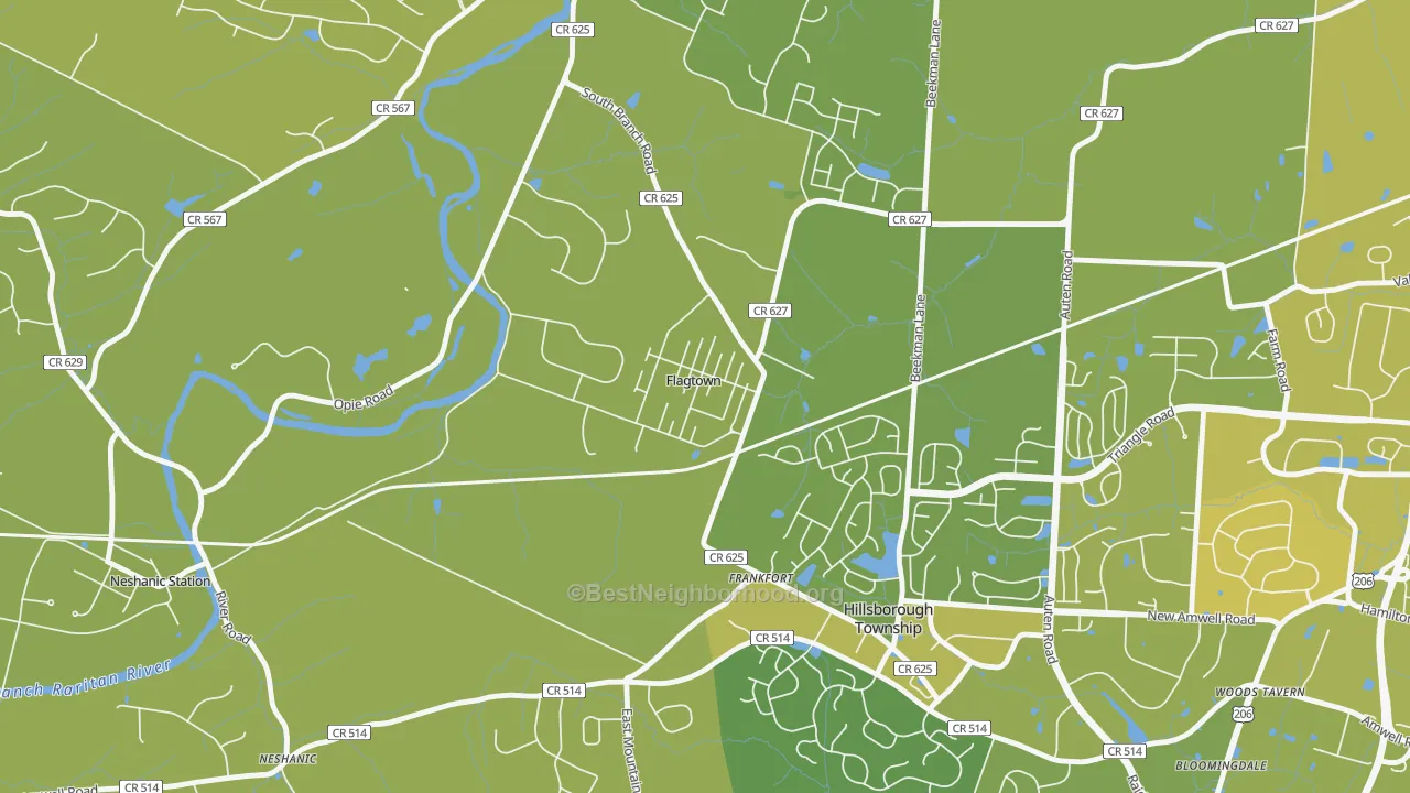 Map of the best neighborhoods in the Flagtown area, with better matches in green and worse matches in red