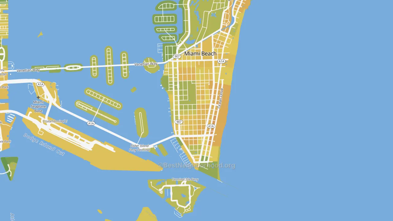 Map of the best neighborhoods in the Flamingo-Lummus, Miami Beach area, with better matches in green and worse matches in red