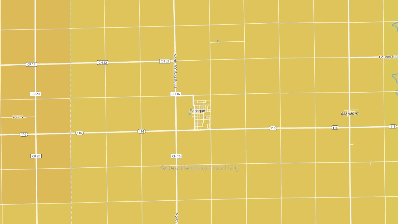 Map of the best neighborhoods in the Flanagan area, with better matches in green and worse matches in red