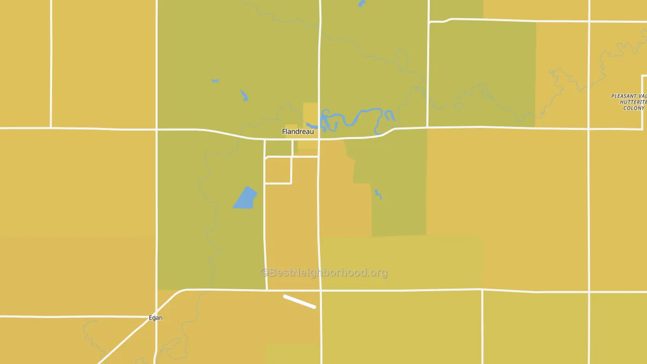 Map of the best neighborhoods in the Flandreau area, with better matches in green and worse matches in red