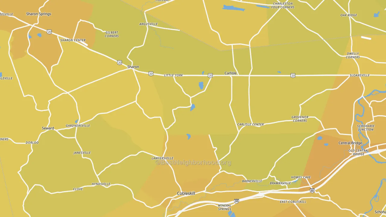 Map of the best neighborhoods in the Flat Creek area, with better matches in green and worse matches in red